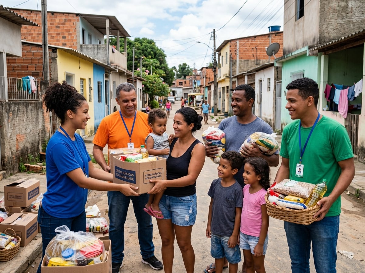 Voluntários entregando doações para famílias